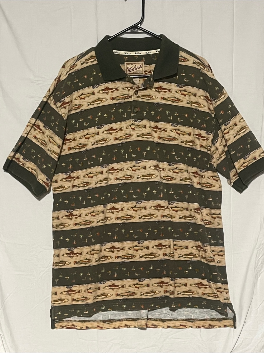 Woolrich Vintage Cotton Men’s Olive and Beige Striped Fish Pattern Polo Shirt